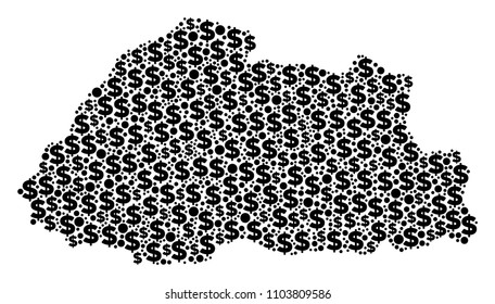 Bhutan map composition of dollar signs and round spots in various sizes. Abstract vector investment and GDP Bhutan map.