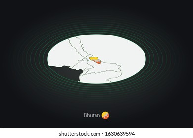 Bhutan map in dark color, oval map with neighboring countries. Vector map and flag of Bhutan