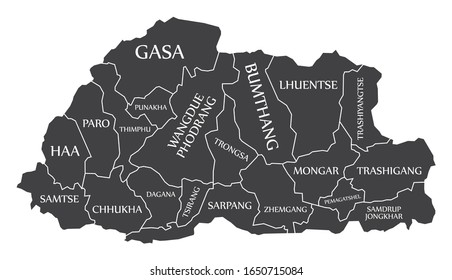Bhutan map with districts and labels black