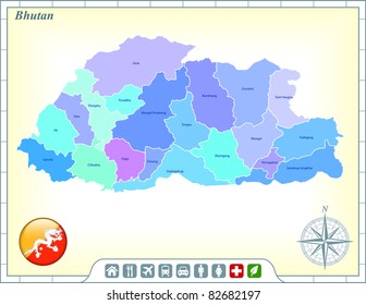 Bhutan Map with Flag Buttons and Assistance & Activates Icons Original Illustration
