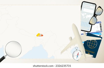 Bhutan map and flag, cargo plane on the detailed map of Bhutan with flag, passport, magnifying glass and airplane. Vector template.