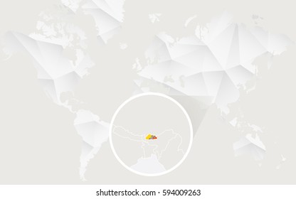 Bhutan map with flag in contour on white polygonal World Map. Vector Illustration.