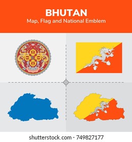 Bhutan Map, Flag and National Emblem 