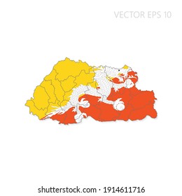 Bhutan-Karte mit Fahne und Schatten einzeln auf weißem Hintergrund. Vektorgrafik EPS10.