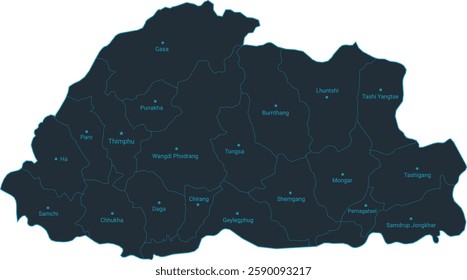 Bhutan map high detailed with administrative divide by state, capital cities names, outline simplicity style. Vector illustration EPS10.