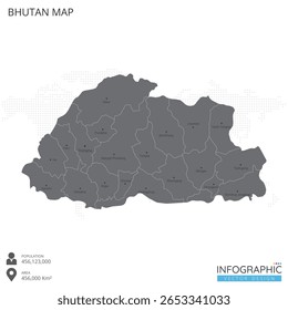 Bhutan map high detailed with regions and cities of the country on white background. Vector illustration EPS10.