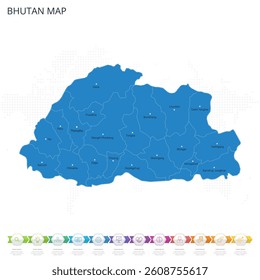 Bhutan Map - Infographic detailed map with regions and cities of the country. Vector illustration EPS10.