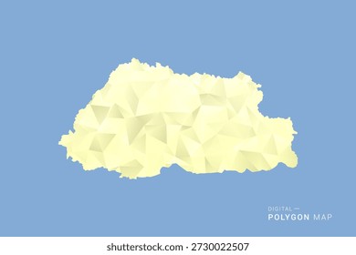 Mapa de Bután en estilo de Vector de polígono bajo, ilustración de forma geométrica con tonos amarillos suaves sobre fondo azul, silueta limpia para infografía.