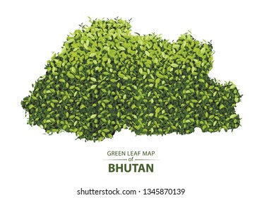 bhutan map made up of green leaf on white background vector illustration of a forest is conceptual of the global green environmental issues worldwide