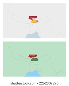 Bhutan map with pin of country capital. Two types of Bhutan map with neighboring countries. Vector template.