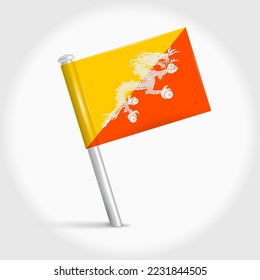 Bhutan map pin flag icon. Bhutanese pennant map marker on a metal needle. 3D realistic vector illustration.