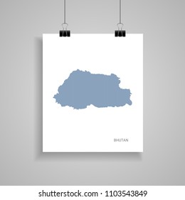 Bhutan map poster.  Blue vector map on piece of paper with paper clip, on a gray background. 