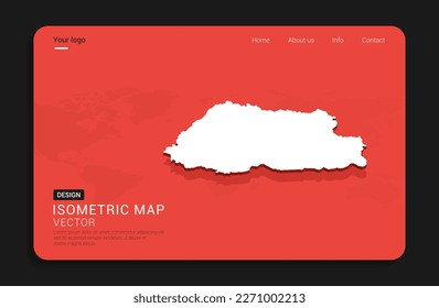 Bhutan Karte rot einzeln auf dunklem Hintergrund mit 3D-Weltkarte isometrische Vektorgrafik.