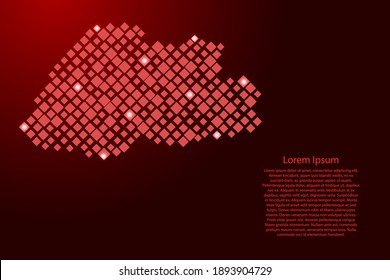 Bhutan map from red pattern rhombuses of different sizes and glowing space stars grid. Vector illustration. 