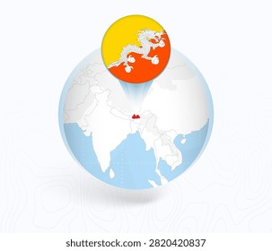 Bhutan Map with Round Bhutan Flag Pin Pointer on Circular Globe. Vector map icon.