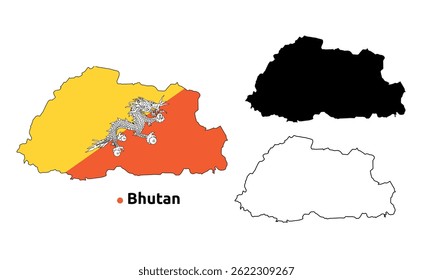 Vector de Mapa de Bután - Country Outline, Flag Inside Map, Blank and Silhouette Version