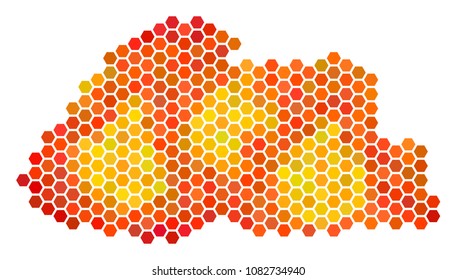 Bhutan map. Vector honeycomb territory map in orange color tinges. Abstract Bhutan map collage is composed with burn honeycomb pixels.