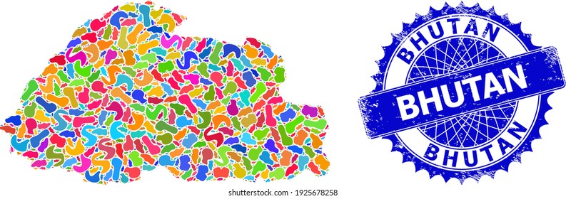 Bhutan map vector image. Spot collage Bhutan map and scratched badge. Sharp rosette blue stamp with caption and Bhutan map. Collage vector Bhutan map formed with scattered bright blots.