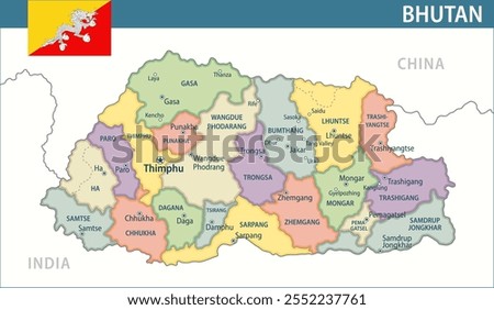 Bhutan Map Vector New 2024 Colorful - Customizable layered political map of Bhutan with administrative divisions for website, education, reports, news, politics, print, poster and wallpaper