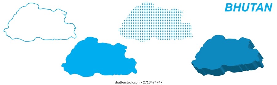 Butão Mapa Vetor Set, South Ásia Contorno Silhueta Pontilhada Formas Sólidas 3D, Butão País Infográfico Modelo, Editável EPS Butão Geografia