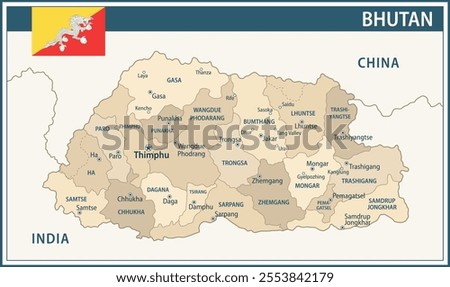 Bhutan Map Vector Vintage Dark Blue Beige - Customizable layered political map of Bhutan with administrative divisions for website, education, reports, news, politics, print, poster and wallpaper