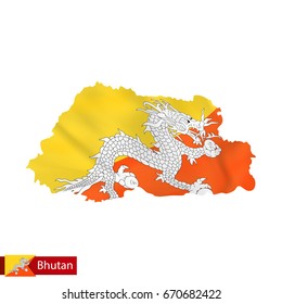 Bhutan map with waving flag of country. Vector illustration.