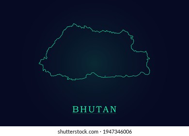 Mapa de Bután - Mapa Mundial Plantilla vectorial internacional con un contorno fino o contorno estilo de esbozo gráfico y color verde aislado en el fondo oscuro - Ilustración vectorial eps 10