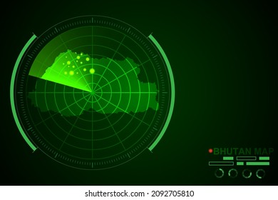 Mapa de Bután - Mapa Mundial Plantilla vectorial internacional con el estilo de radar de círculo futurista HUD, GUI, interfaz de interfaz de usuario aislada en fondo verde oscuro - Ilustración vectorial eps 10