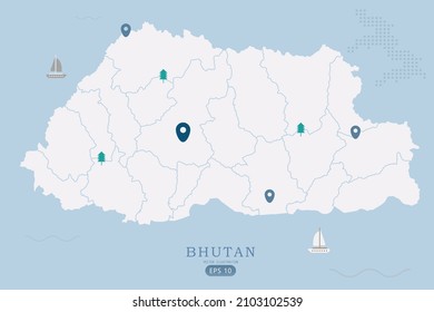 Bhutan Map -World Map International vector template High detailed with white color isolated on blue background including simple point of location, tree, boat icon - Vector illustration eps 10