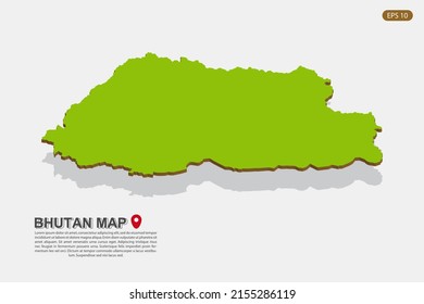 Mapa de Bután - Mapa mundial Plantilla vectorial internacional con estilo isométrico que incluye sombra, color verde y marrón aislado en fondo blanco para el diseño - Ilustración vectorial eps 10