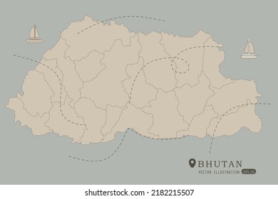 Bhutan Map - World Map International vector template High detailed with brown color isolated on grey background including simple point of location, wind, boat icon - Vector illustration eps 10