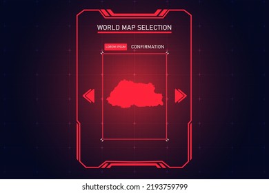Mapa de Bután - Mapa Mundial Plantilla vectorial Internacional con Color Rojo en el estilo de perspectiva y HUD, GUI, interfaz de interfaz de usuario aislada en el fondo negro para el diseño - Ilustración vectorial eps 10