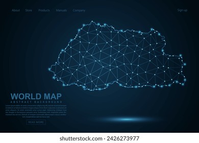 Mapa de Bután - Mapa del Mundo línea de masa y escalas de puntos en el fondo azul de la tecnología. Línea de red poligonal de malla 3D de marco de alambre, esfera de diseño, punto y estructura - Ilustración vectorial eps 10