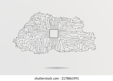 Mapa de Bután - Modelo de vector de mapa mundial con placa de circuitos abstracto futurista Ilustración o línea de mezcla de tecnología de alta tecnología y escalas de puntos sobre fondo blanco - Ilustración de vectores ep 10