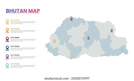Mapa moderno de Bután Plantilla infográfica, Mapa infográfico detallado de la ciudad Populares de Bután