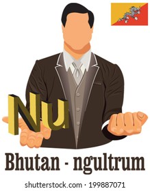 Bhutan national currency Bhutanese ngultrum symbol representing money and Flag. Vector design concept of businessman in suit with open hand over with currency isolated on white background in EPS10.