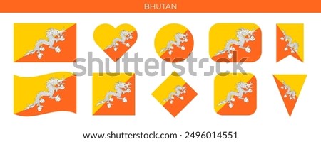 Bhutan national flag. Bhutan flag in different shapes. Vector illustration isolated on white background