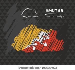 Bhutan national vector map with sketch chalk flag. Sketch chalk hand drawn illustration