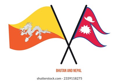 Bhutan and Nepal Flags Crossed And Waving Flat Style. Official Proportion. Correct Colors.