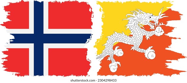 Bhutan and Norway grunge flags connection, vector