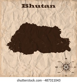 Bhutan old map with grunge and crumpled paper. Vector illustration