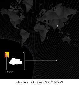 Bhutan on black World Map. Map and flag of Bhutan.