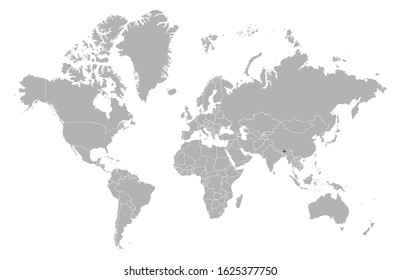 Bhutan on detailed world map. With overlay Bhutan flag. The location of the country of Bhutan on the world map.