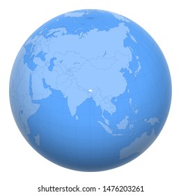 Bhutan on the globe. Earth centered at the location of the Kingdom of Bhutan. Map of Bhutan. Includes layer with capital cities.