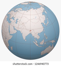 Bhutan on the globe. Earth hemisphere centered at the location of the Kingdom of Bhutan. Bhutan map.