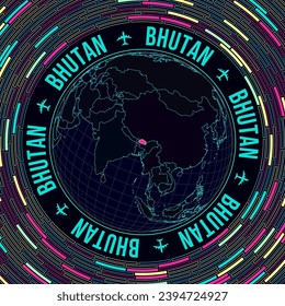 Bhutan on globe. Satellite view of the world centered to Bhutan. Bright neon style. Futuristic radial bricks background. Artistic vector illustration.