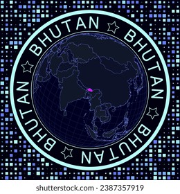 Bután en el vector del globo. Vista satelital futurista del mundo centrada en Bután. Ilustración geográfica con forma de fondo de país y cuadrado. Colores luminosos de neón sobre fondo oscuro.