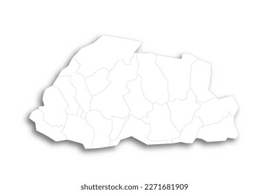 Mapa político de las divisiones administrativas de Bután - distritos. Mapa blanco plano con un contorno negro fino y sombra caída.