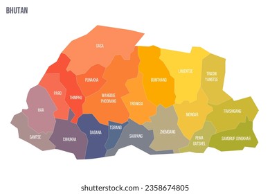 Bhutan political map of administrative divisions - districts. Colorful spectrum political map with labels and country name.