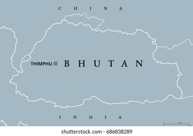 Bhutan political map with capital Thimphu and borders. English labeling. Landlocked kingdom in South Asia in the Eastern Himalayas, bordered by China and India. Gray illustration. Vector.